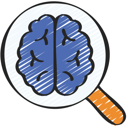 Logo d'un cerveau humain bleu dans une loupe avec un manche en bois.