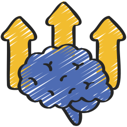 Logo d'un cerveau humain bleu avec trois flèches jaune derrière qui vont vers le haut symbolisant la connaissance et l'évolution croissante du cerveau.