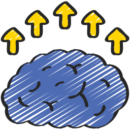 Logo d'un cerveau humain bleu avec des flèches jaunes derrière qui vont vers le haut symbolisant la connaissance et l'évolution croissante du cerveau.