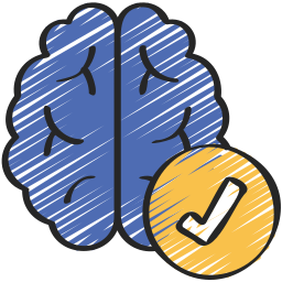 Logo d'un cerveau humain bleu avec un petit icone validé jaune.