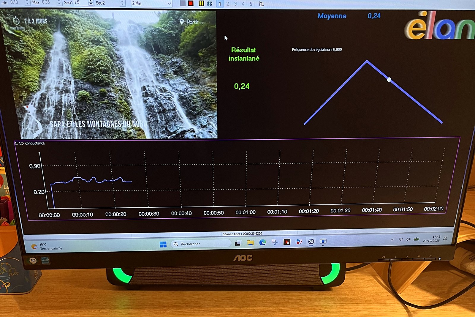 Electrodermal activity training: electrodes on the fingers and an on-screen video that responds