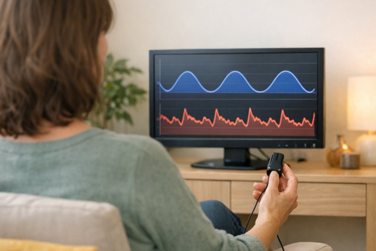 Biofeedback : séance de respiration lente avec capteur de pouls et courbes à l’écran