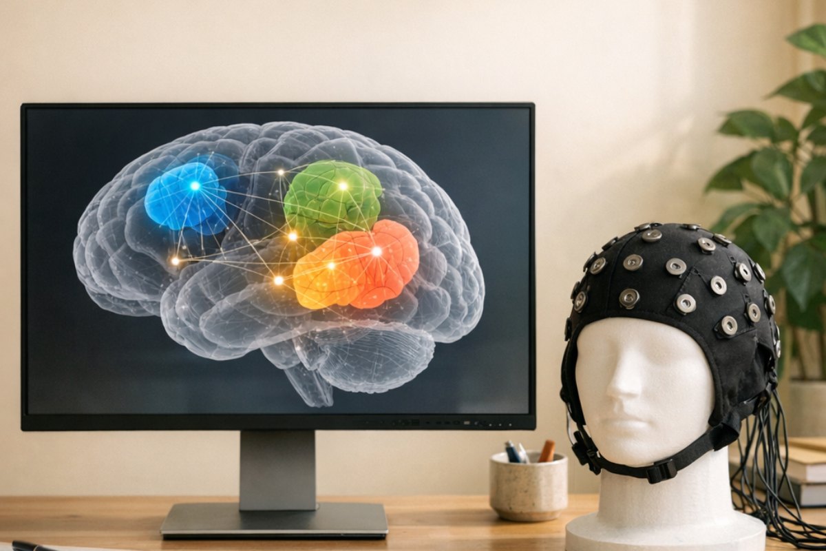 Écran affichant un cerveau en 3D avec des régions colorées et un bonnet EEG