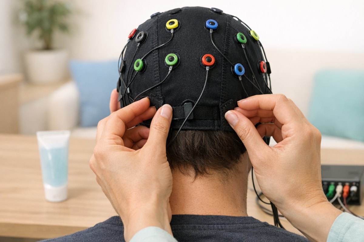 Pose d’un bonnet EEG avant l’enregistrement du bilan