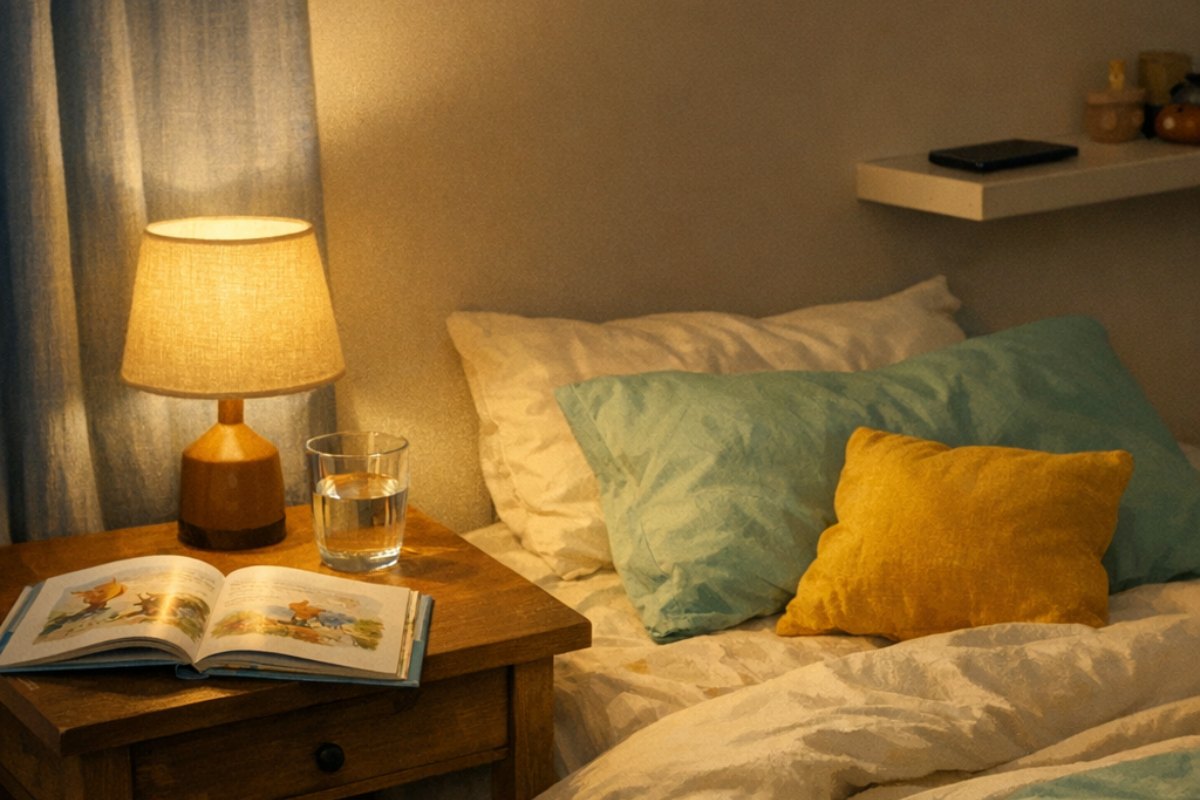 Chambre d’enfant apaisée le soir, lumière douce et téléphone éloigné