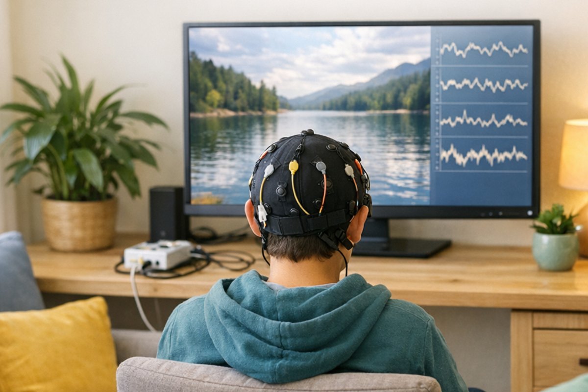 Séance de neurofeedback : adolescent de dos devant un écran avec film et tracés EEG