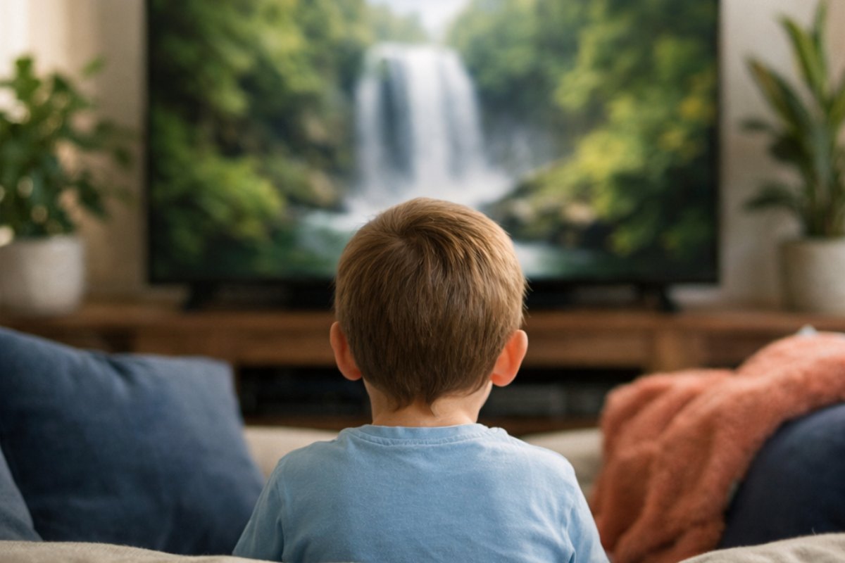 Enfant assis bien droit sur un canapé, vu de dos, devant un documentaire nature à hauteur des yeux