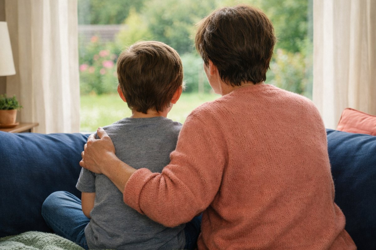 Enfant et parent assis de dos sur un canapé, regardant calmement par la fenêtre