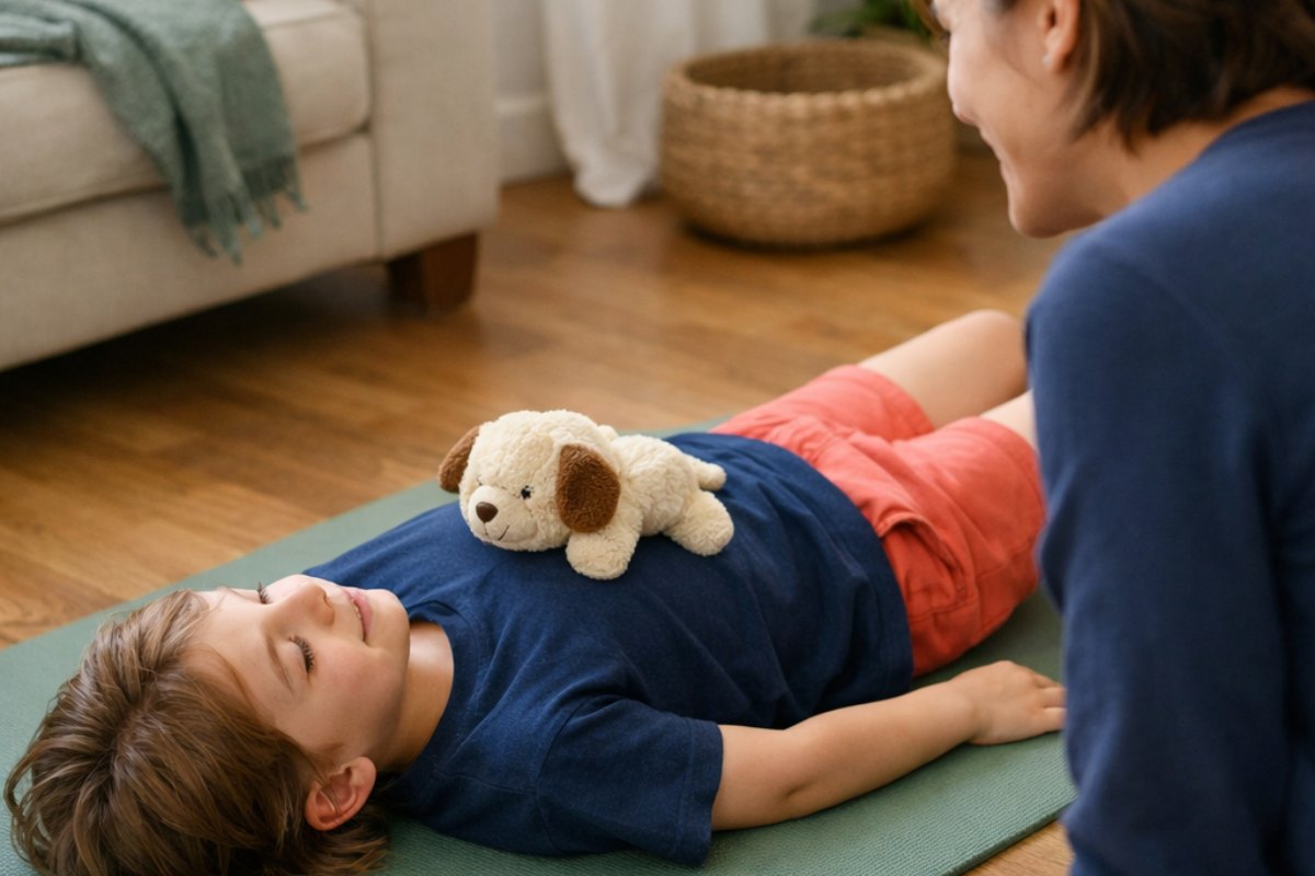 Enfant allongé sur un tapis, une peluche posée sur le ventre, qui observe son souffle sous le regard d’un parent
