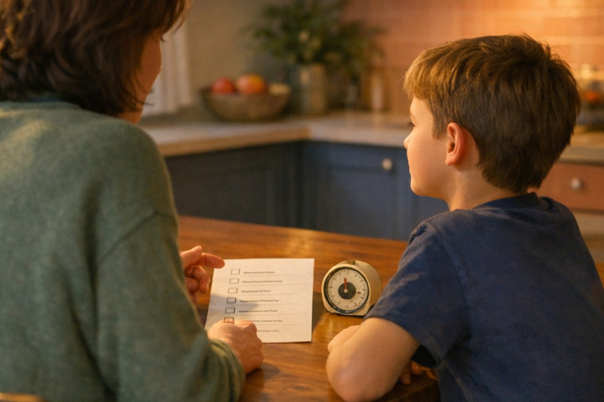 Parent et enfant à table discutant de la routine du soir avec une petite liste et un minuteur
